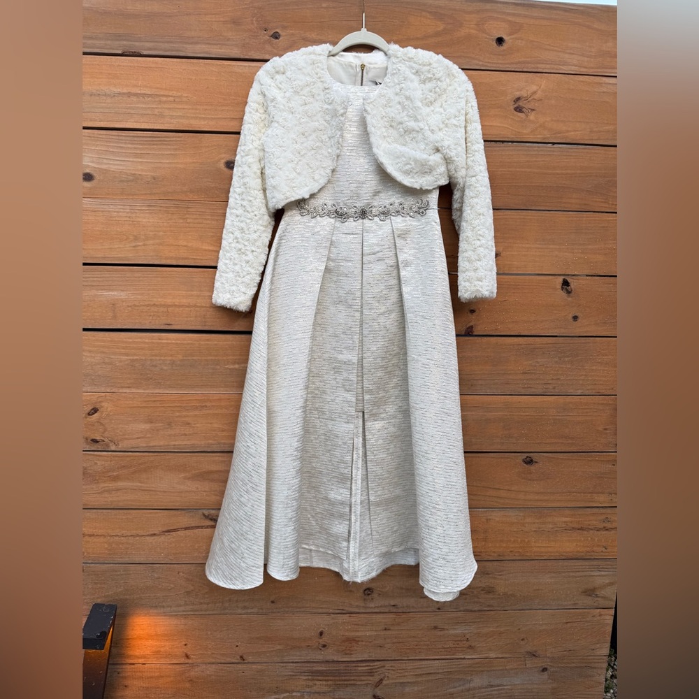 Elegant Brocade Party Dress with  Fur Jacket-Girls Size 14